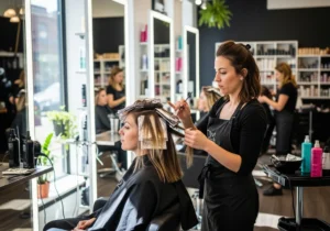 A getting her hair colored in highlight or balayage color in the salon