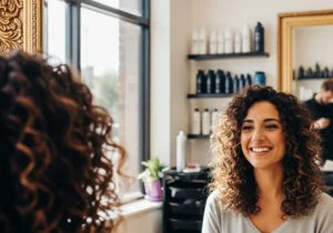 A happy woman getting the result of her permed hair in the salon mirror