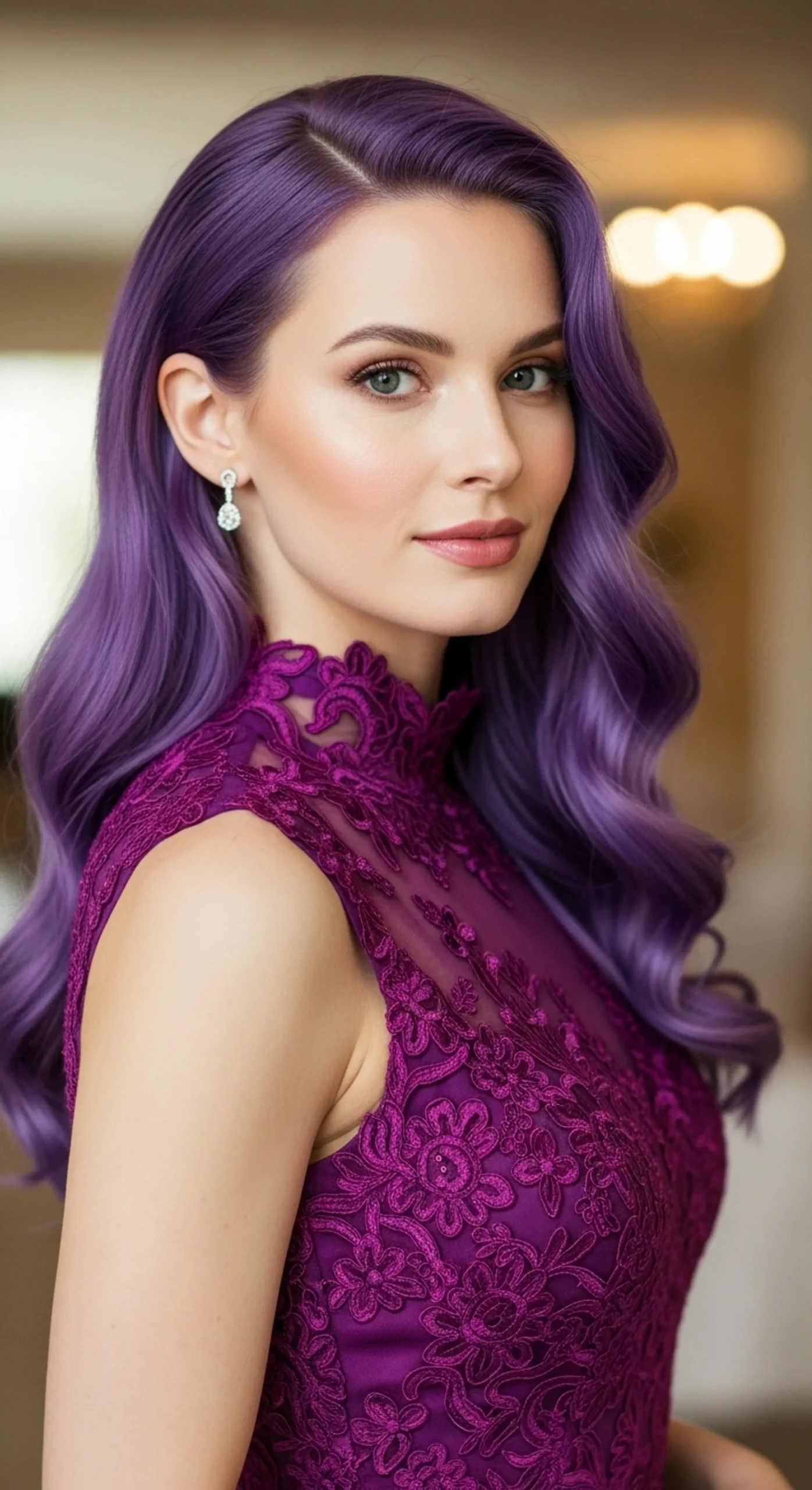 A woman facing front but body is on facing on the left with a purple shade color long hair wearing a dress.