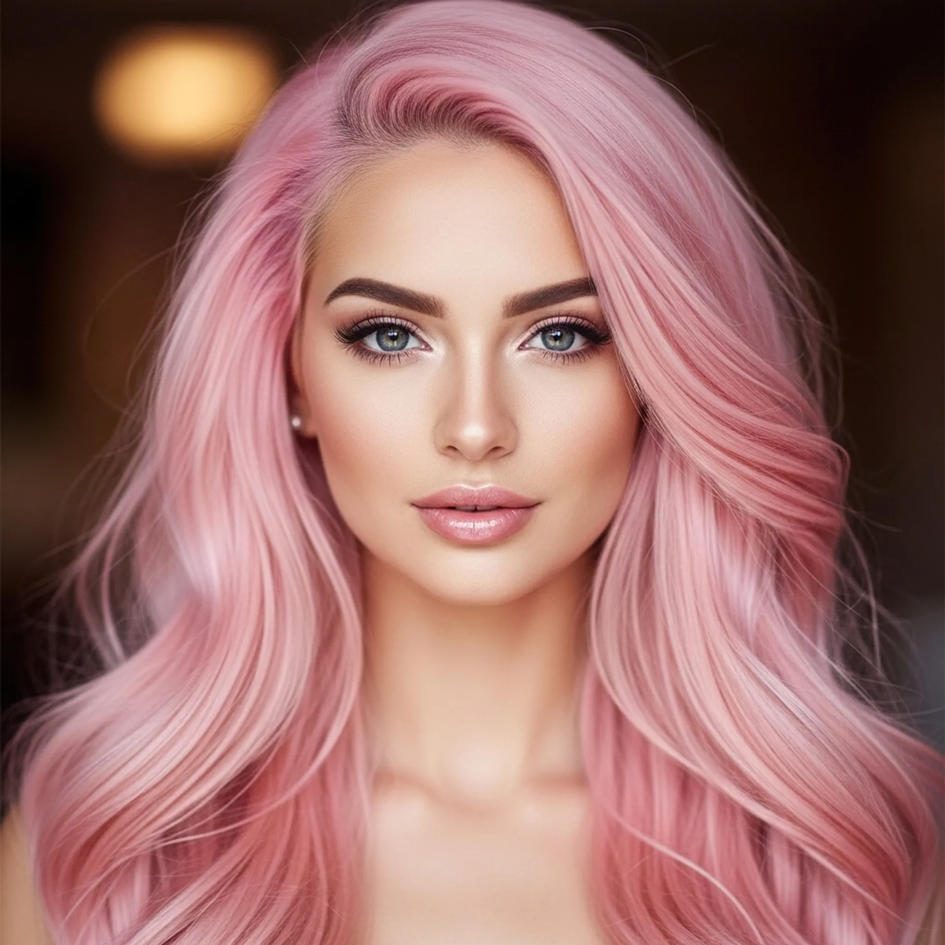 A woman facing on the front with a beautiful pink color, long hair.