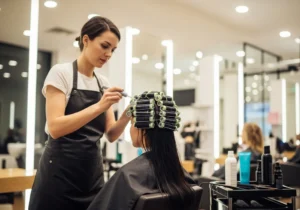 A woman getting her hair permed in the salon with a stylist
