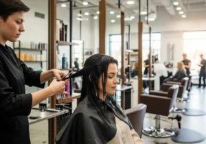 A woman getting is hair cut at the salon