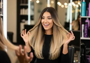 A woman with the result of pure blonde hair but no highlights of haircolor.