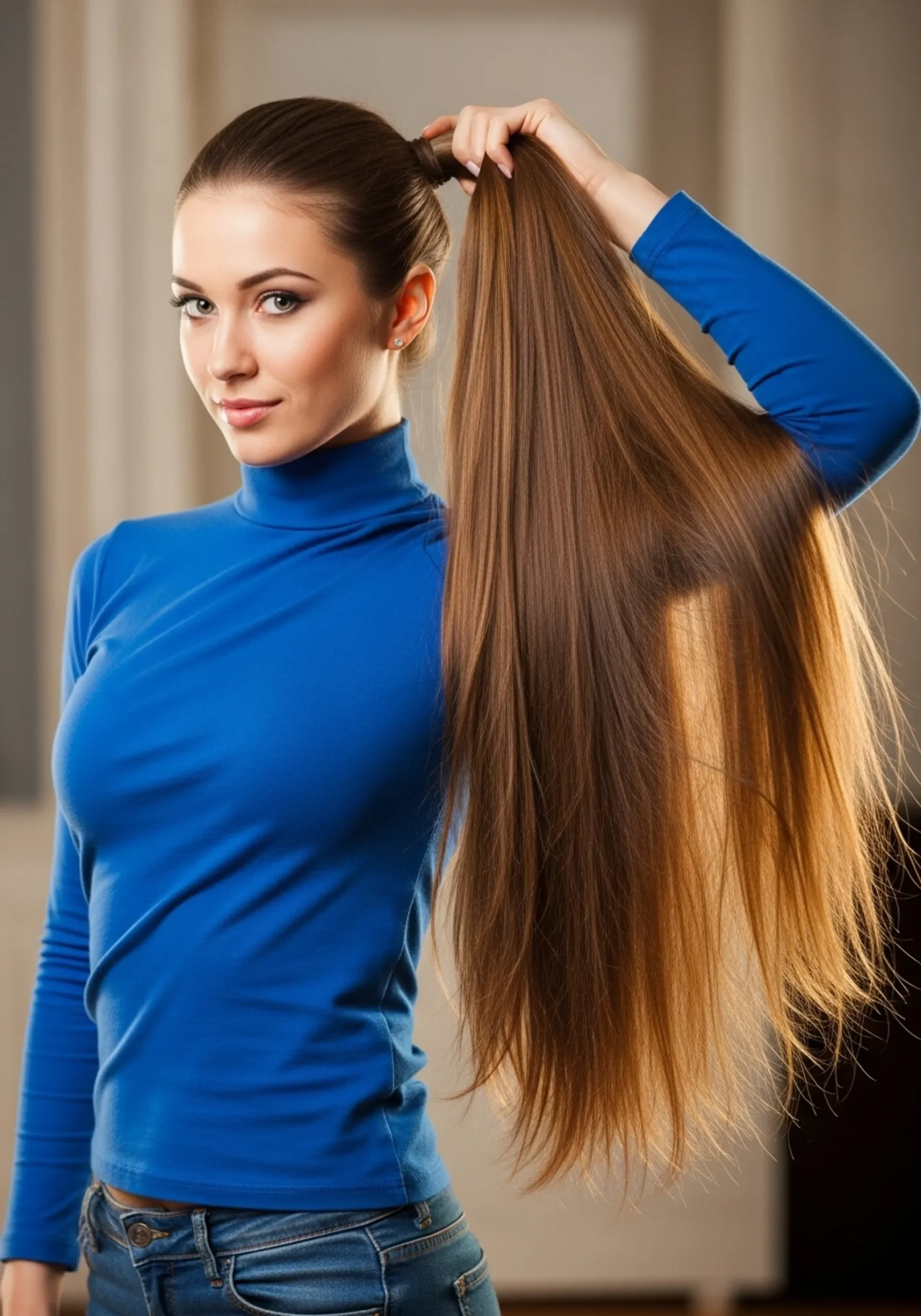 A woman holding her long, shiny, brown hair like a ponytail, but on the right side of her shoulder, showing how strong it is