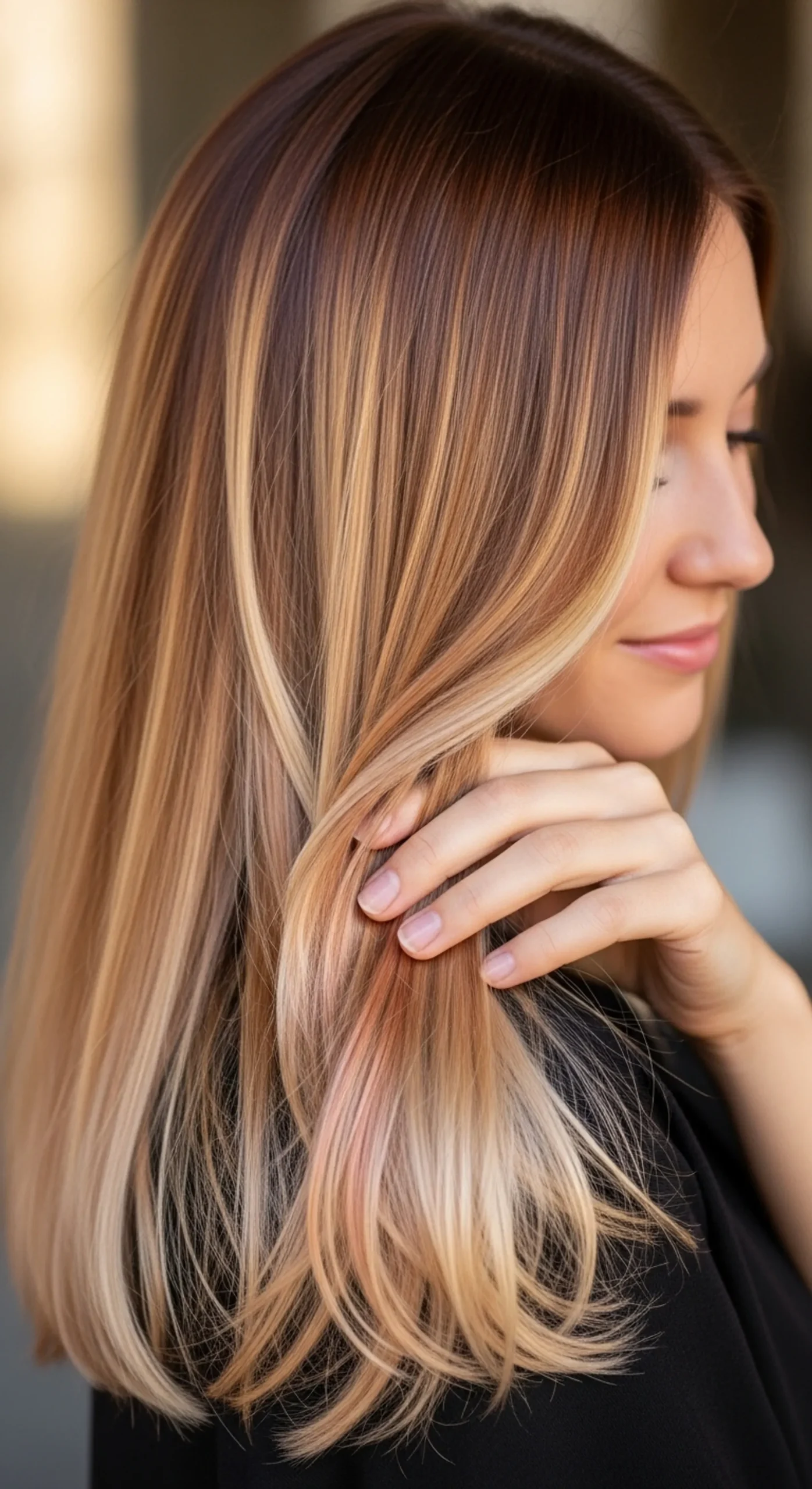 A woman softly holding her colored balayage hair in one hand