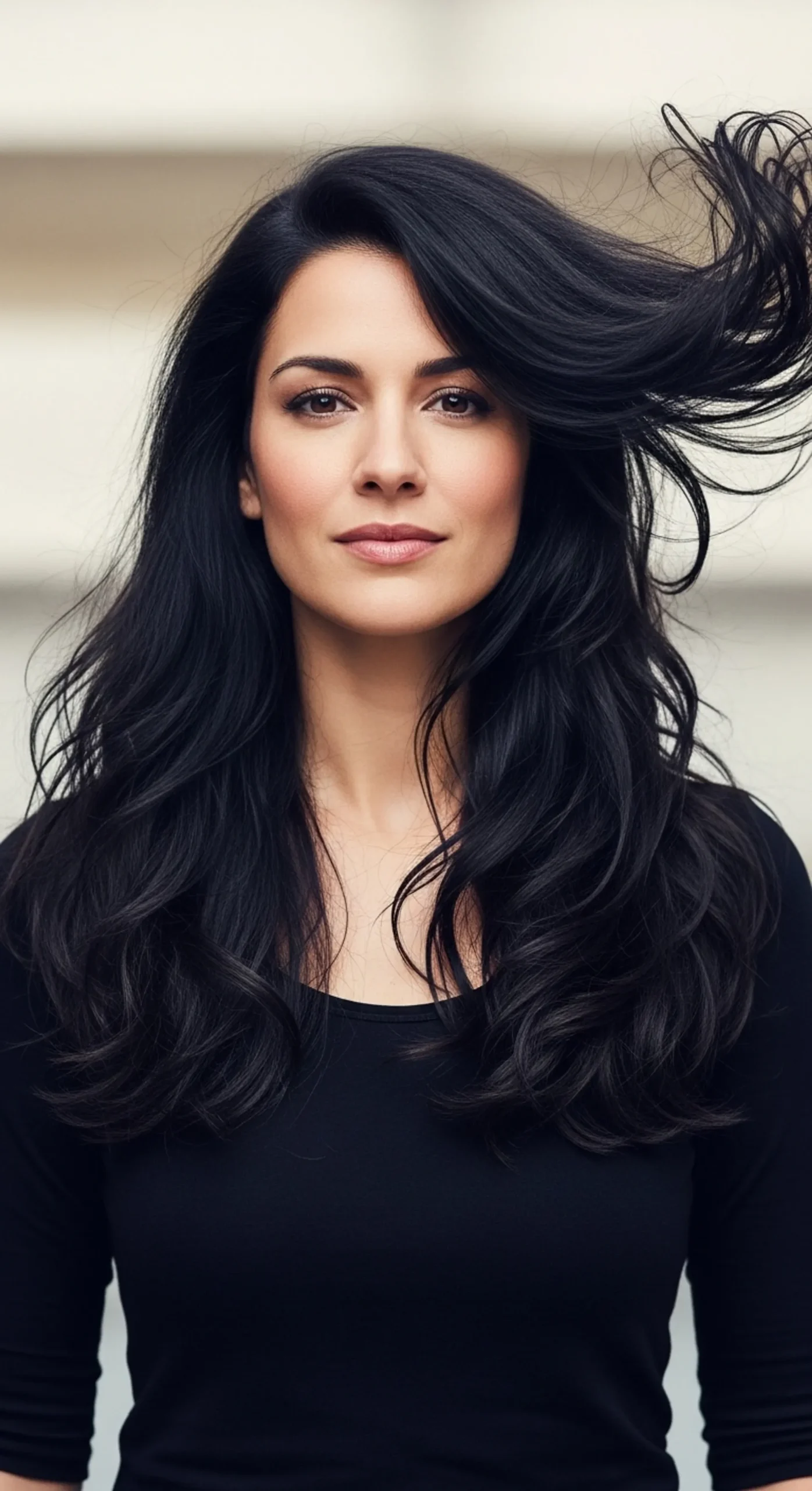 A woman standing and, facing front and slight flipping of her hair on the right side