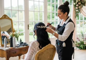 A woman styling her hair with an artist at a wedding event