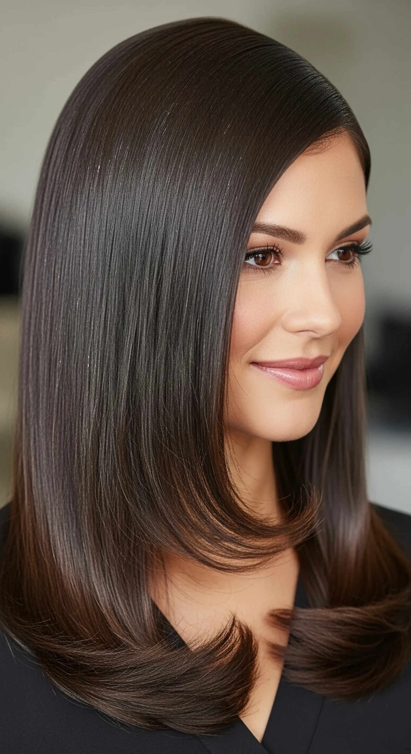 A woman with a flat iron with style done on her hair