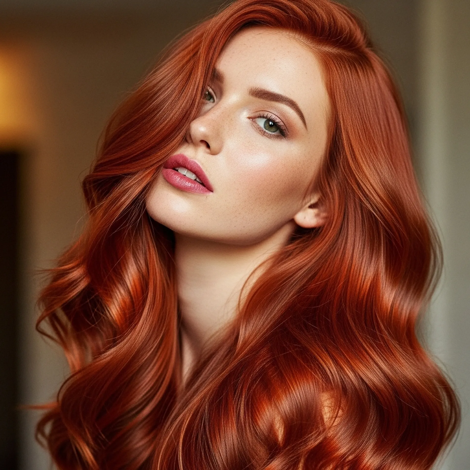 A woman with a red shiny long hair