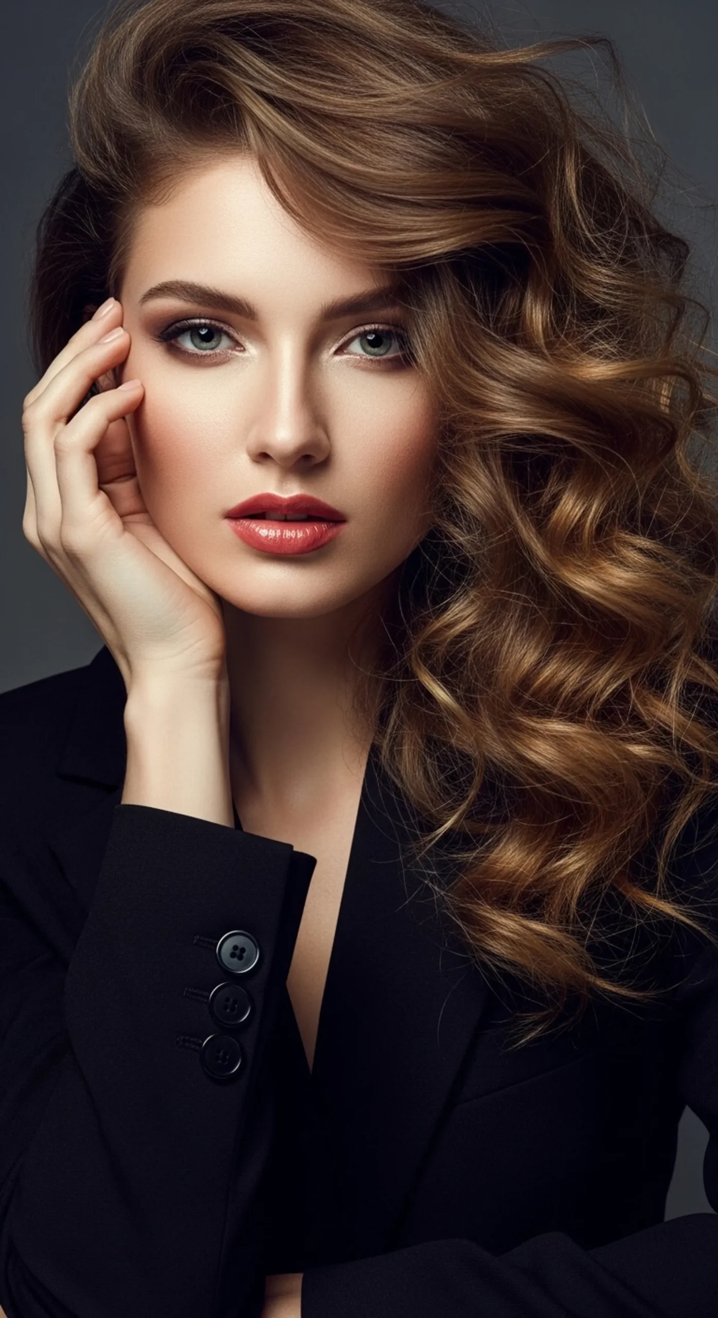 A woman with modeling position her left hand was in her face and has a long bouncy hair