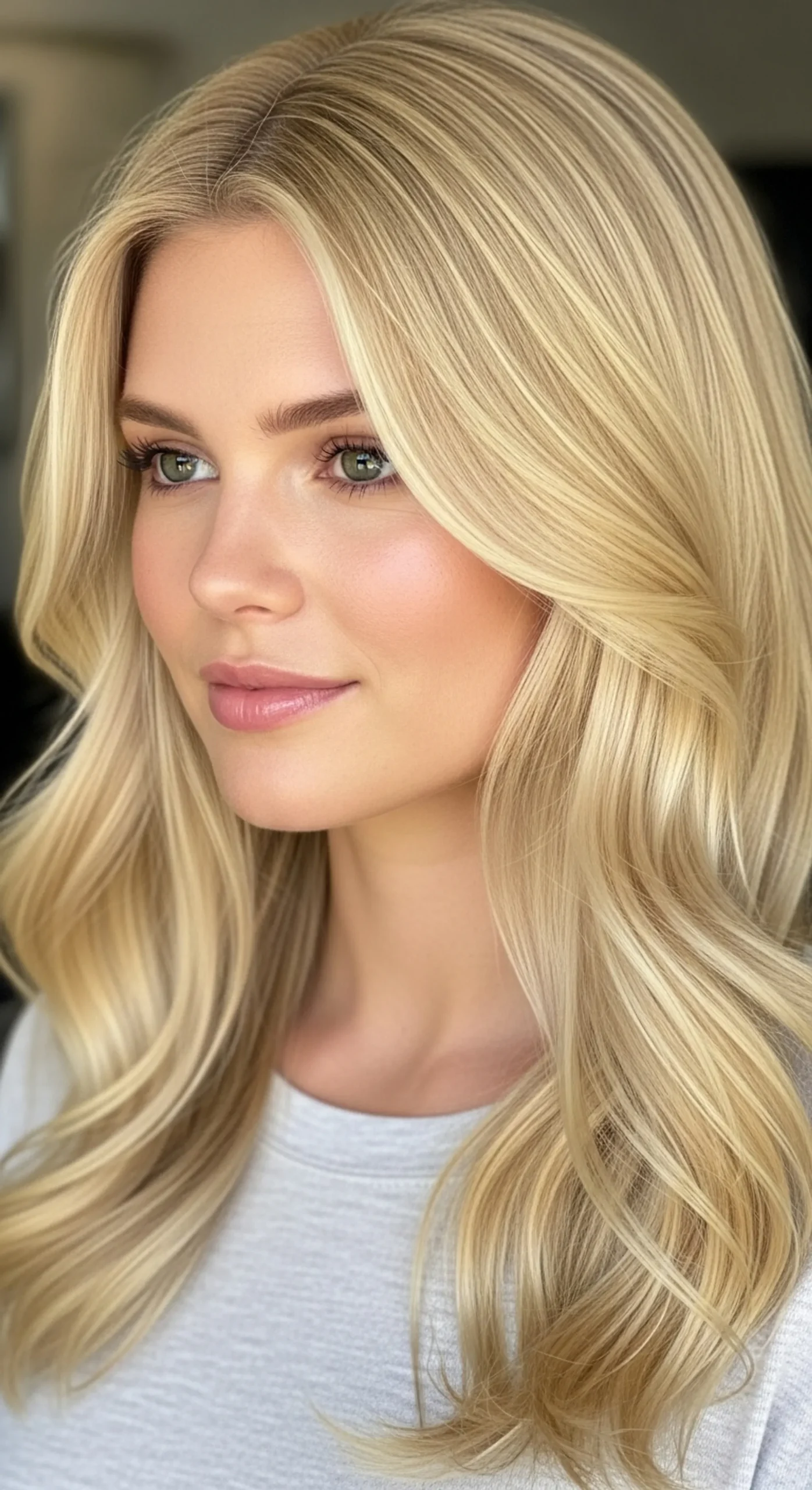 A woman with the result of pure blonde hair but no highlights of haircolor.