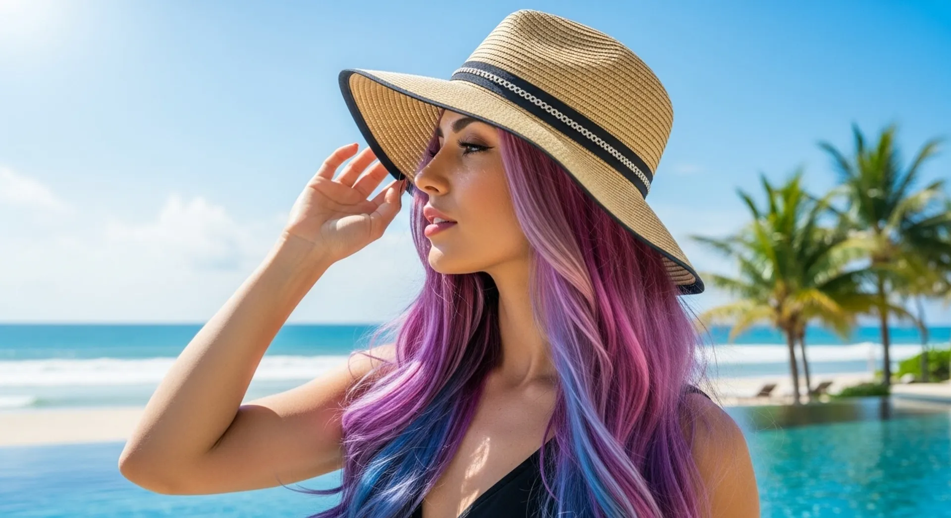 Woman protecting colored hair from sun damage with fashionable hat during summer