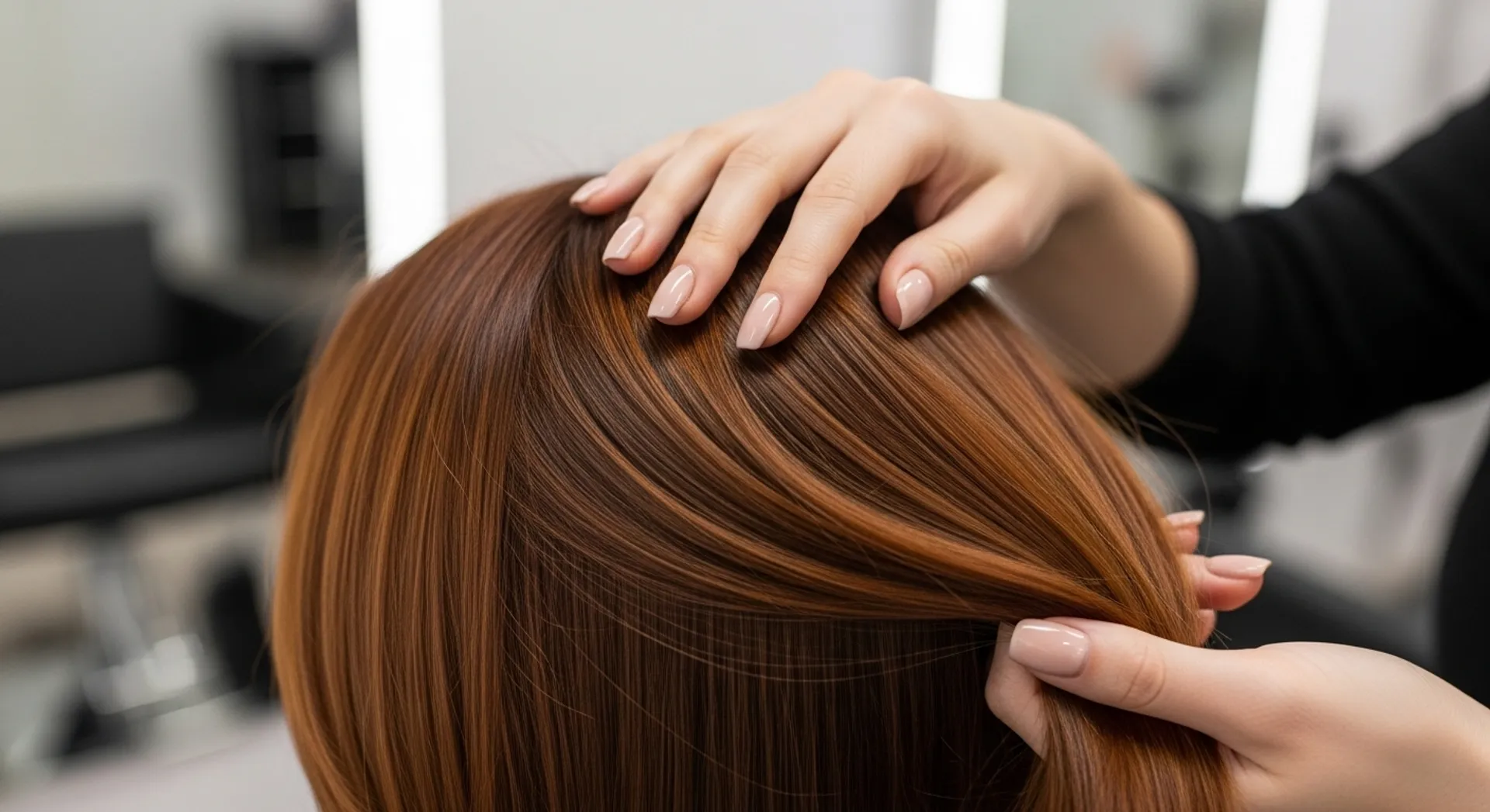 Woman touching her vibrant colored hair showing healthy shine and color maintenance results
