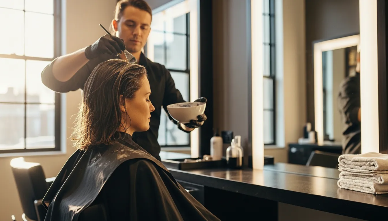 Hair stylist applying a chemical hair treatment on a salon client while wearing protective gloves
