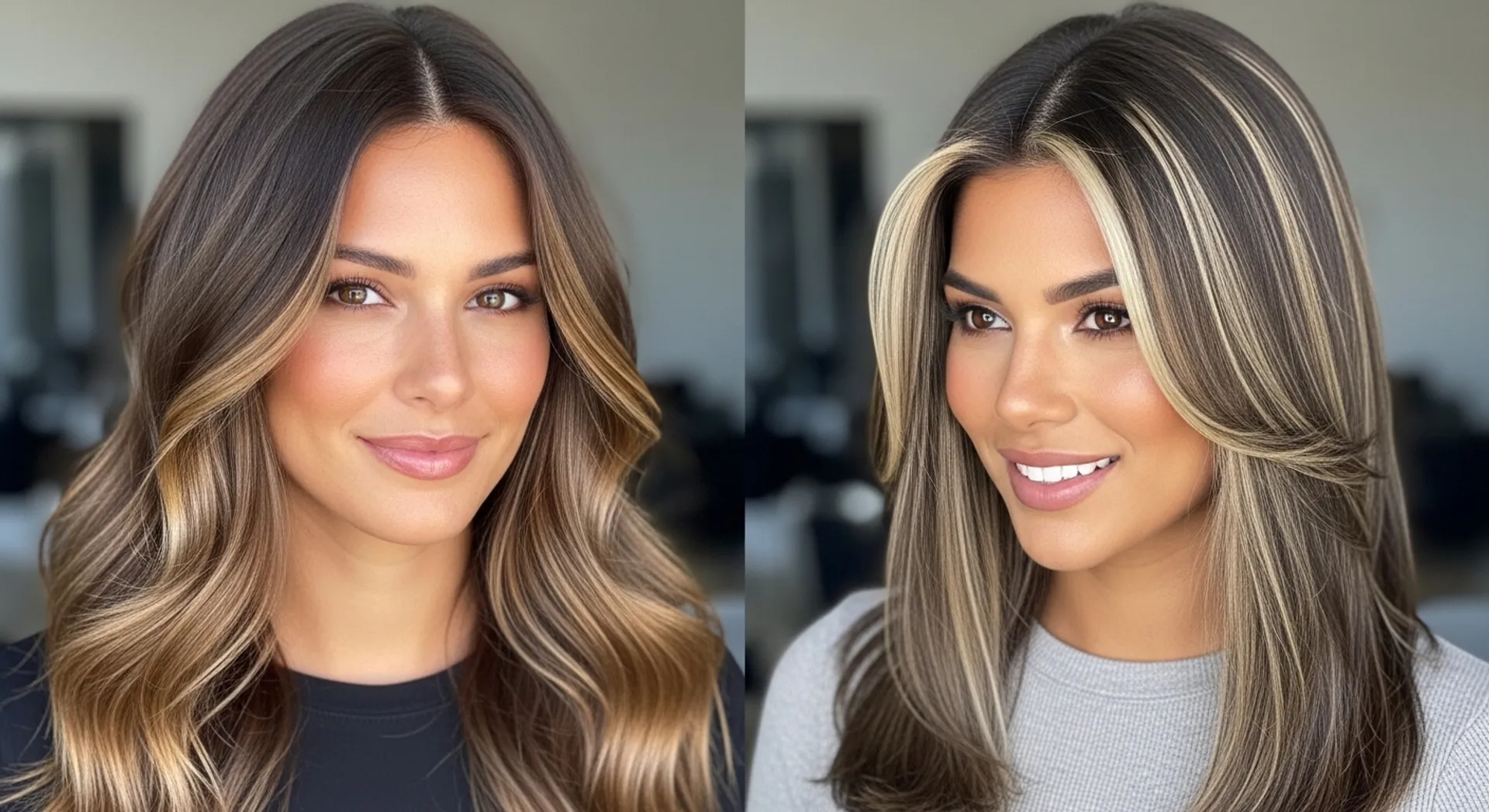 Close up comparison of balayage and highlights hair color results