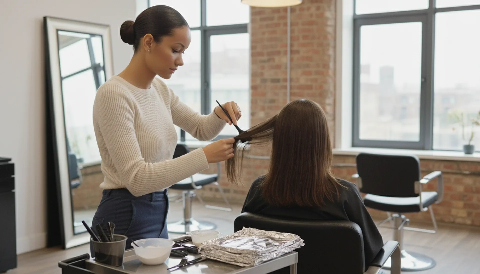 Professional hairstylist applying balayage vs highlights in a modern salon