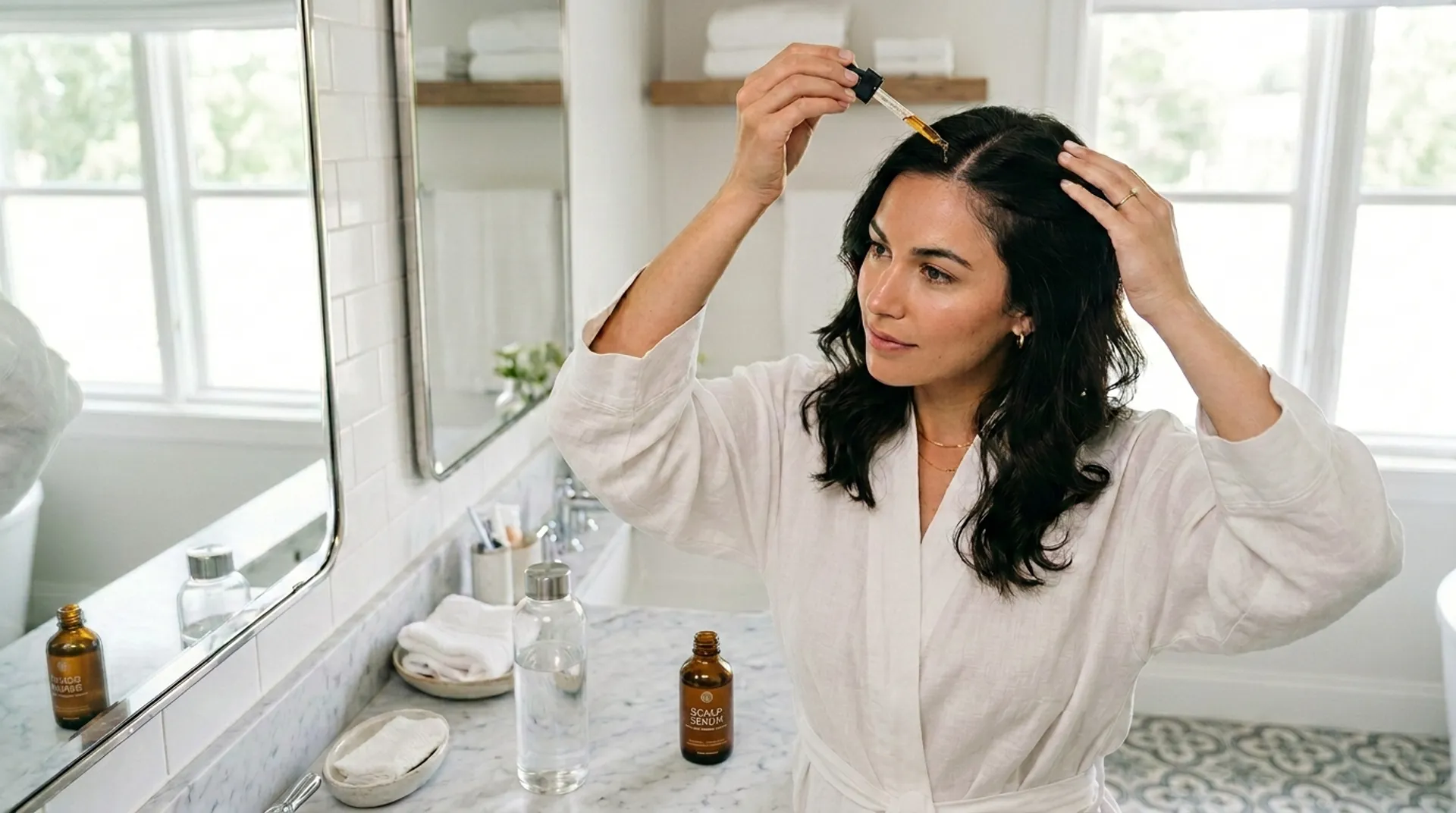 Woman applying scalp serum for hair care