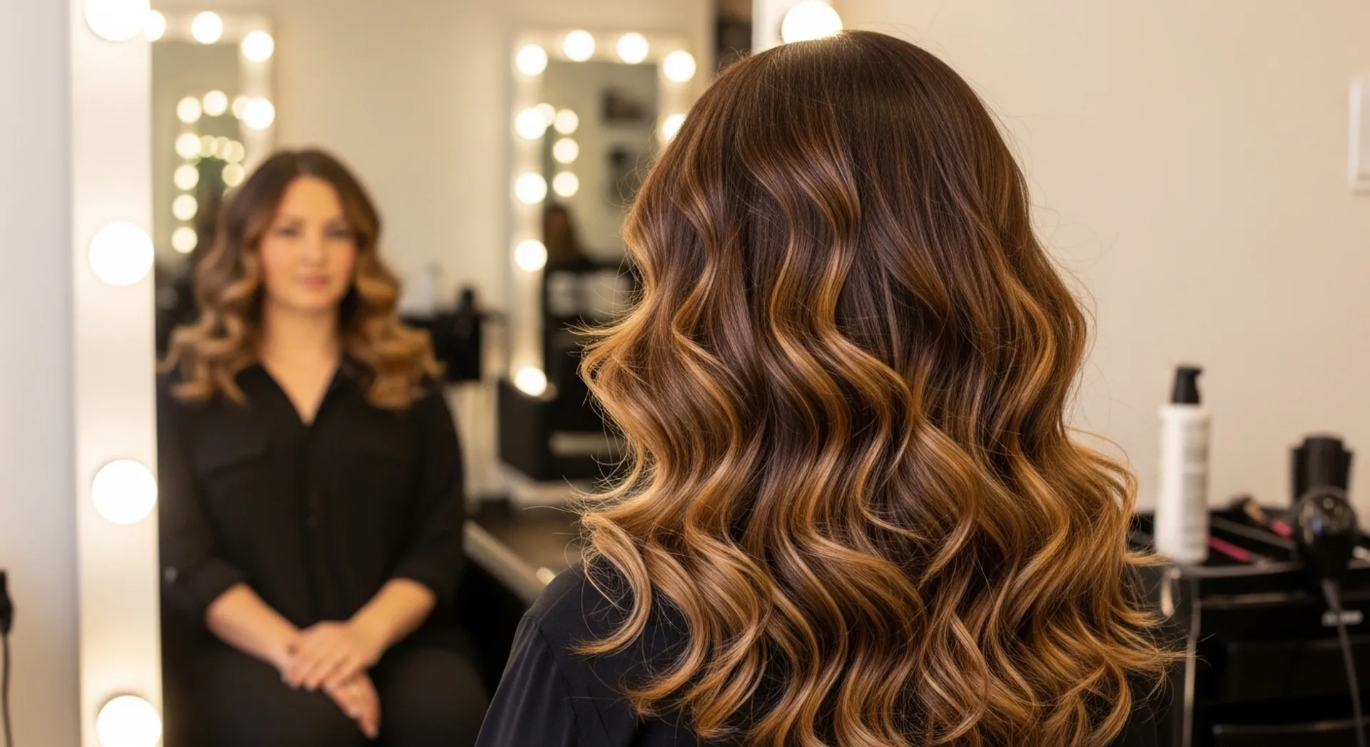 Woman with curly hair showing balayage dimension in salon lighting