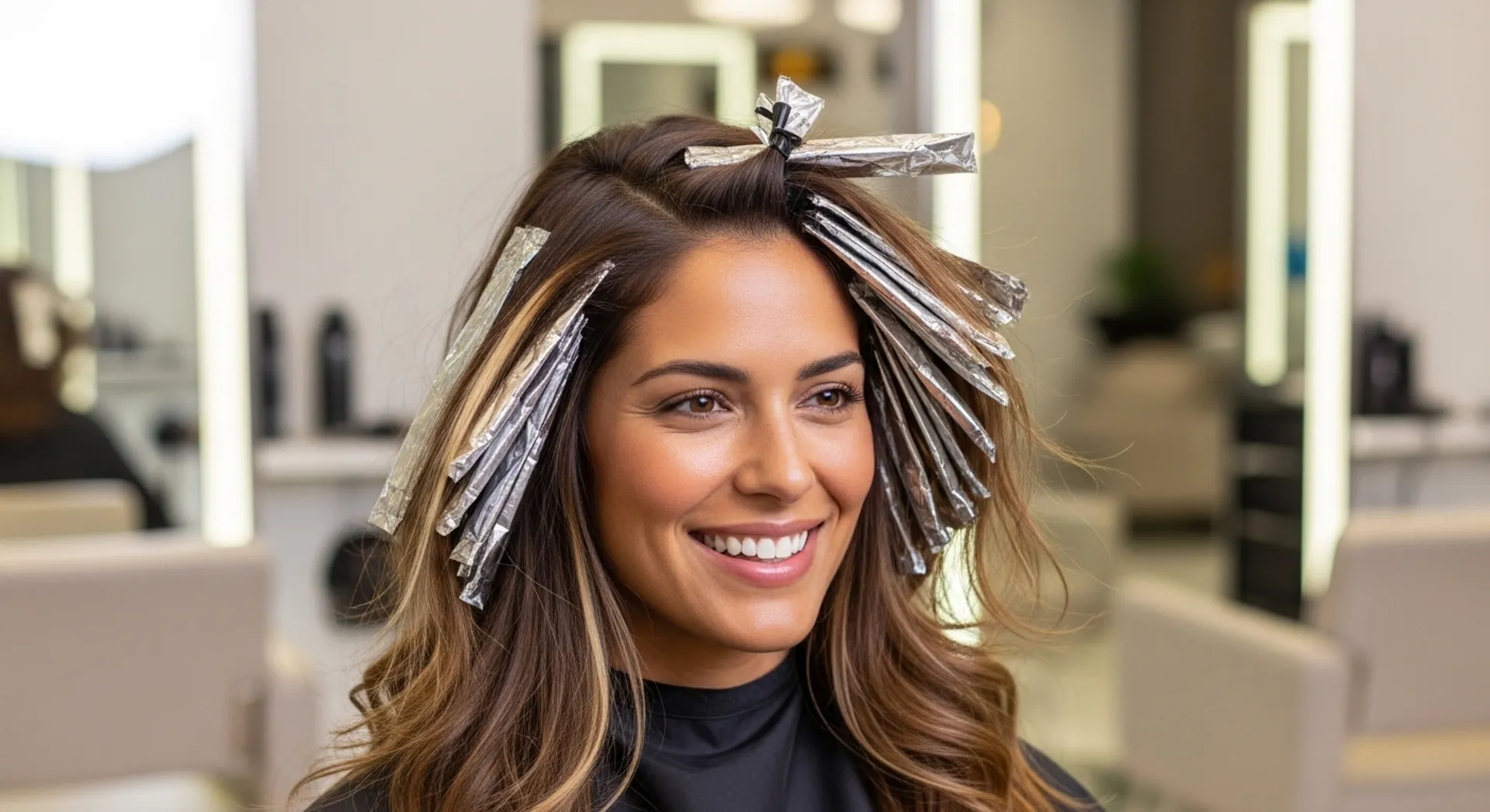 Woman with fresh foil highlights sitting in a hair salon chair