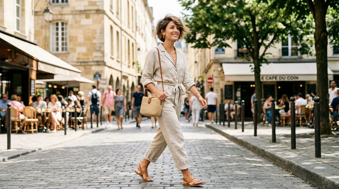 Woman wearing a summer bixie haircut outdoors