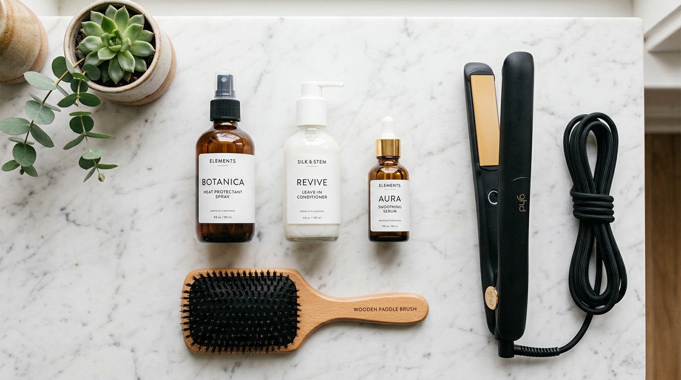 Glass hair styling products flat lay