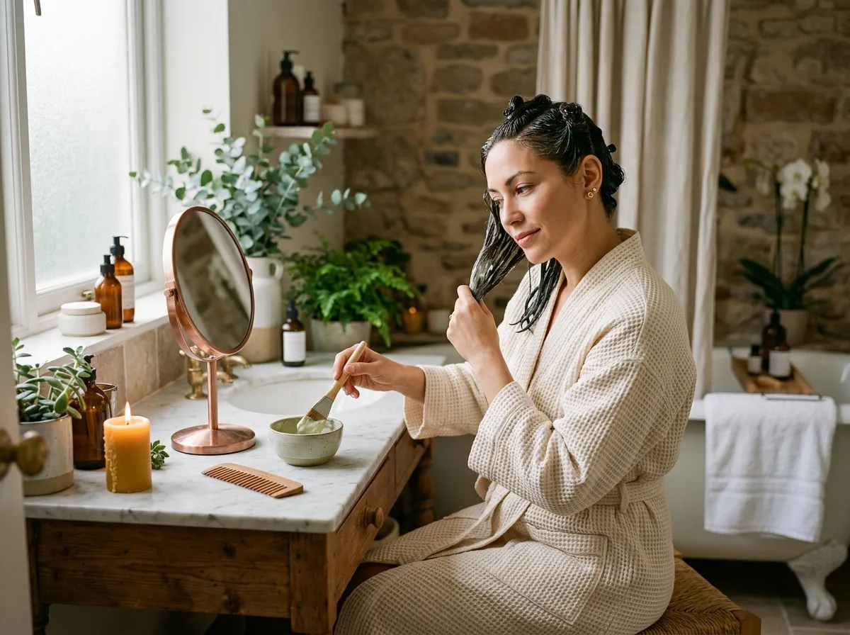 Woman applying a weekly hair treatment
