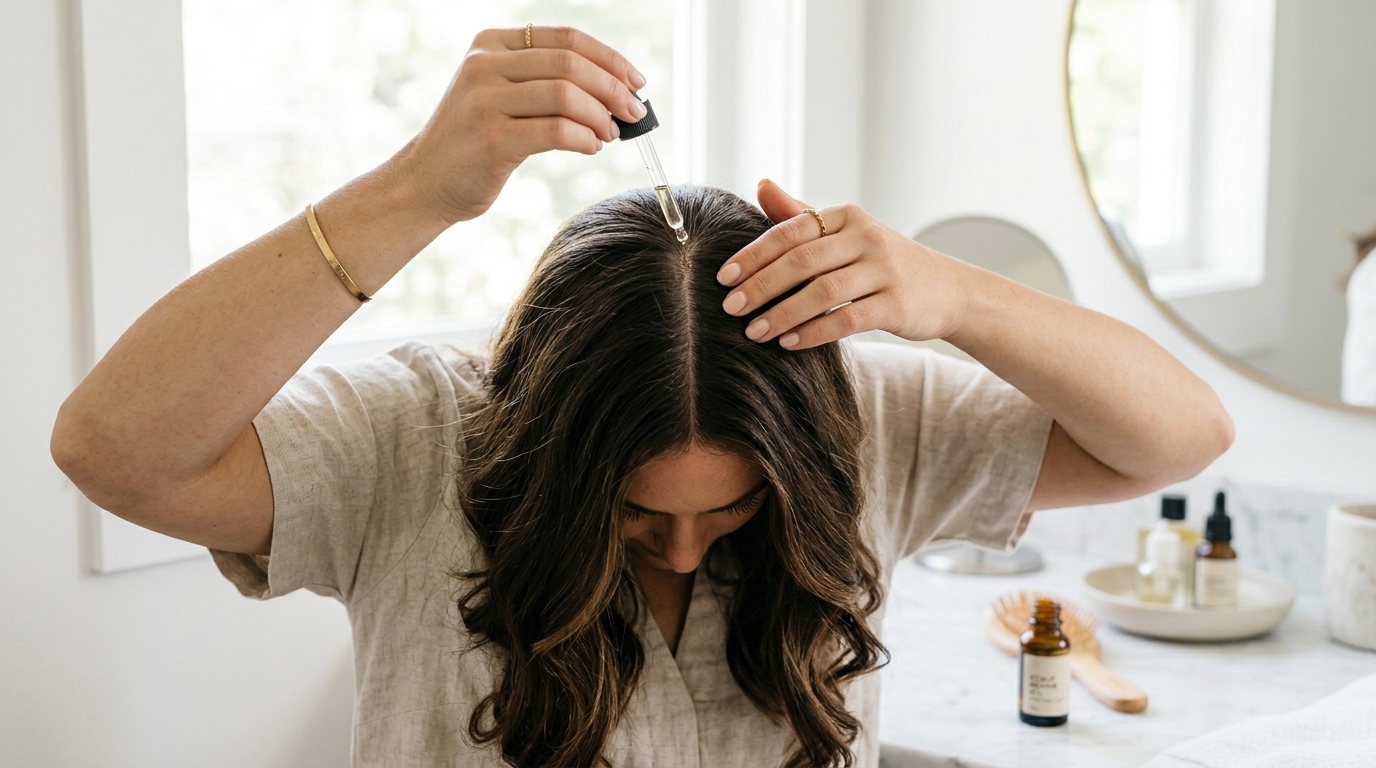 Woman applying scalp oil treatment