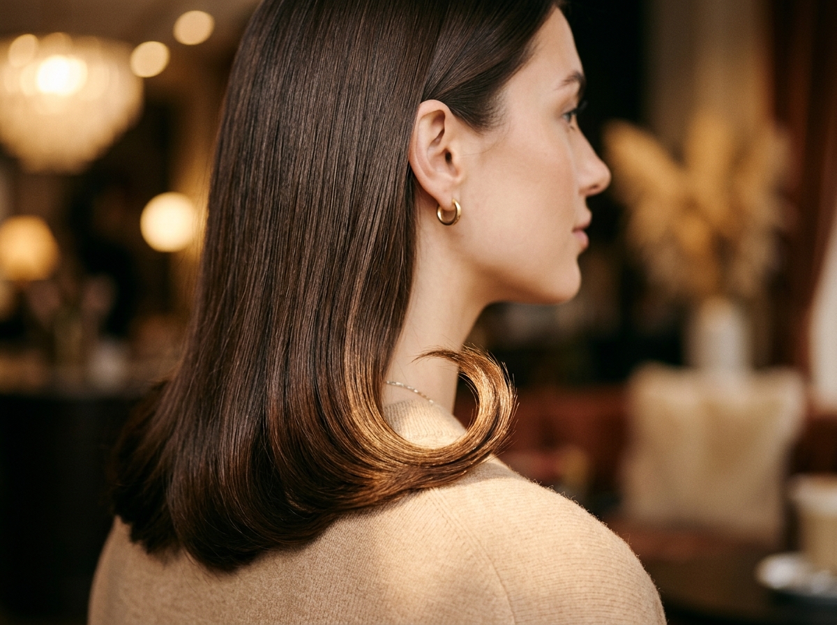 Close up of C-curl flicked ends
