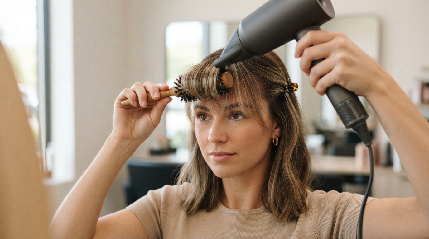 Blow-drying wispy cloud bangs