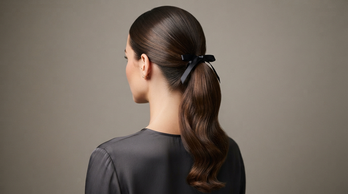 Finished sculpted ponytail with satin ribbon