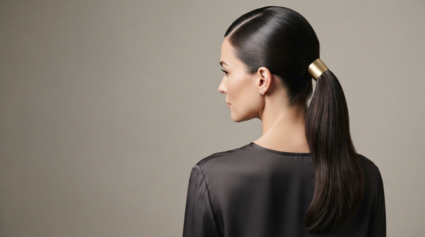Sleek high sculpted ponytail with gold cuff